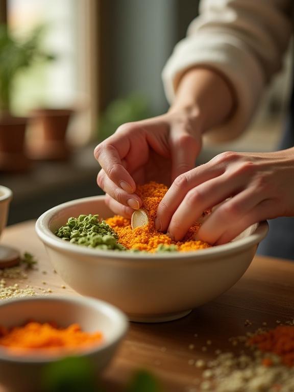 mani di un'artigiana che mescola ingredienti naturali in una ciotola di ceramica nel laboratorio Fiore di Milano.