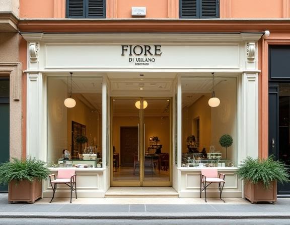 La facciata elegante del negozio Fiore di Milano nel quartiere di Brera.