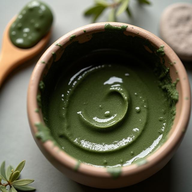 Ciotola con maschera all'argilla verde pronta per l'applicazione.