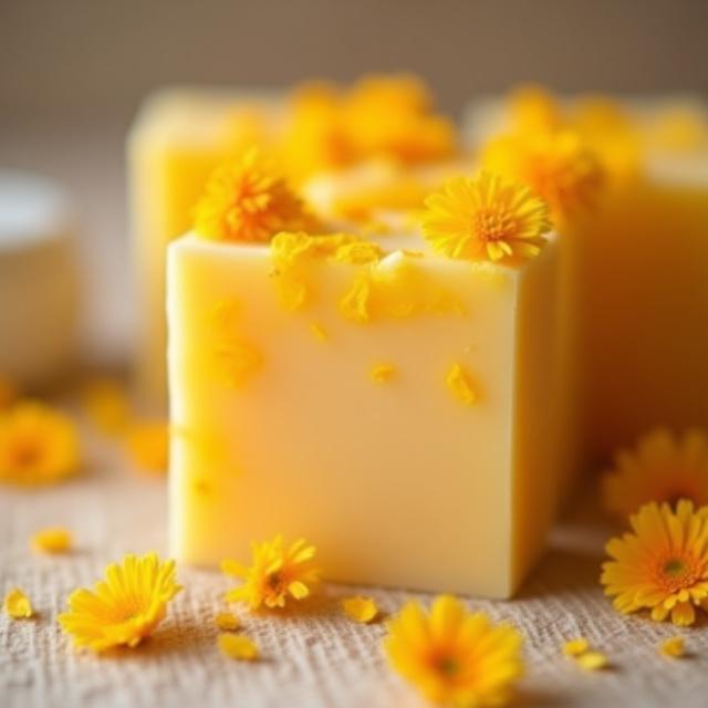 Barra di sapone artigianale con petali di calendula visibili.